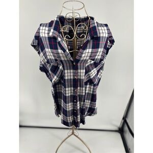 Jachs Girlfriend Plaid Shirt Short Sleeve Button Up Blue Red Women’s Size Medium
